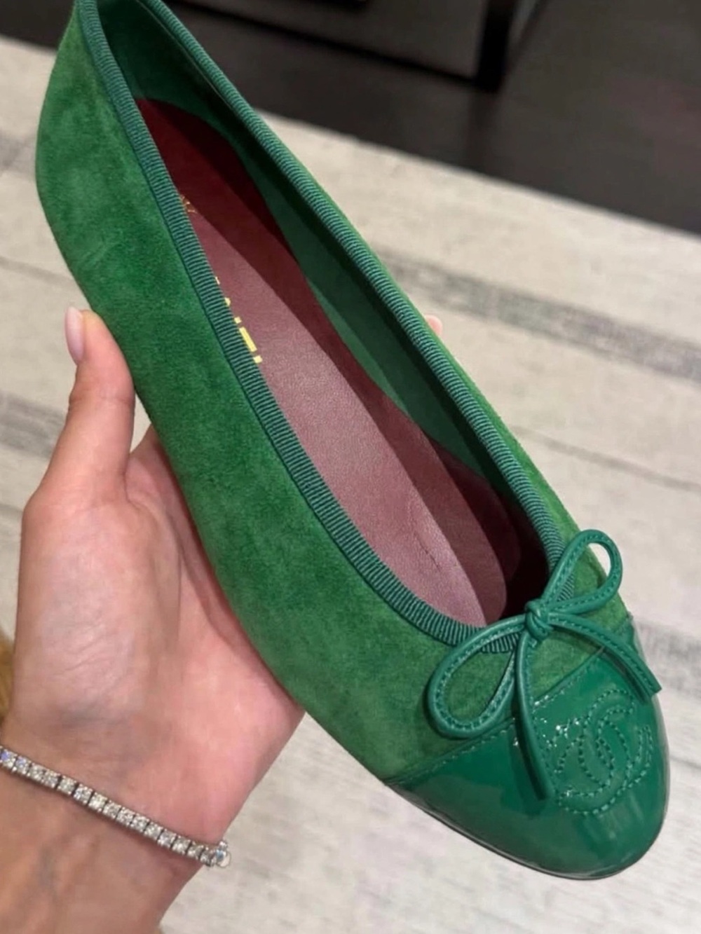 BNIB!!! CHANEL Green Suede & Patent Toe Ballet Flat Size EU38 US8 Sold Out!!!